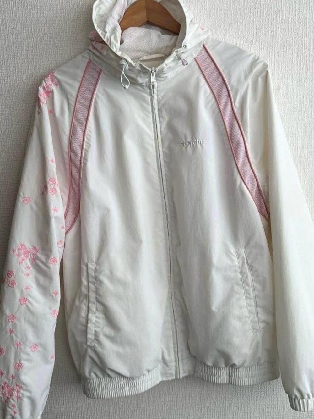 Supreme White Hooded Bomber Jacket with Pink Accents